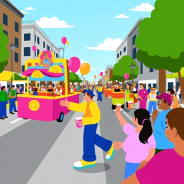 A lively city parade with colorful floats decorated with bright flowers and vibrant banners. The floats are showcasing various themes, some featuring cheerful animals and others depicting popular characters. Marching bands are playing upbeat music, their members dressed in colorful uniforms with shiny instruments. Crowds of spectators line the streets, some waving flags and others holding popcorn and drinks. Children are sitting on their parents' shoulders, eagerly pointing at the floats as they pass. Bright balloons float high above the crowd, adding splashes of color to the scene. Sunlight bathes the entire parade in a warm glow.