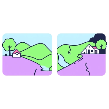 Two panels illustrating a landscape before and after a reverse dip-slip fault movement. In the first panel, there is a serene valley with rolling hills, a clear blue sky, and a river flowing gently through the center. Large trees with green leaves are positioned on either side of the river, and a small farmhouse with a red roof sits on the left hillside. In the second panel, the landscape has been dramatically altered. The hills on the left side have shifted upward, creating a steep slope. The river now has a sharp bend, and the farmhouse is partially buried in the shifted earth. The sky appears darker, and there are small cracks in the ground near the fault line, emphasizing the geological change.