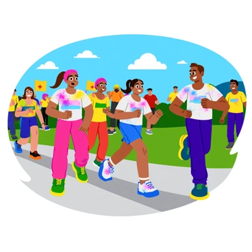 Participants wearing bright and vibrant clothing are running energetically during a fun color run. They are covered in a rainbow of colored powders, with splashes of pink, blue, green, and yellow visible on their faces and clothes. Some runners are smiling widely, while others are laughing as they race past. The background shows a clear blue sky, adding to the cheerful atmosphere of the event. Colorful banners and spectators cheering them on can be seen at the sidelines, enhancing the lively scene.