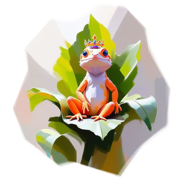 A regal crested gecko with vibrant orange and brown patterns on its skin is perched elegantly on a throne made of lush green leaves. The gecko has a small, ornate crown resting on its head, intricately detailed with tiny jewels glinting in the light. The throne is designed with oversized leaves that provide a natural, majestic seat, emphasizing the gecko's royal demeanor. Soft sunlight filters through the leaves, creating gentle dappled shadows around the scene.