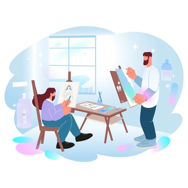 Two artists in a studio, one focused on a detailed figure drawing, the other on a vibrant illustration