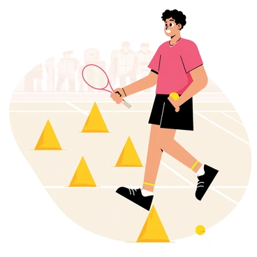 A badminton player focusing on footwork drills on the court with cones set up