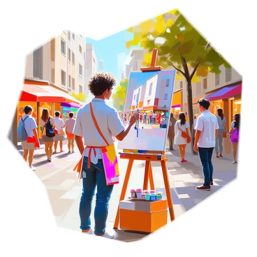 A street artist with medium skin and curly hair is focused on painting a lively city scene on an easel. The artist is wearing a colorful apron splattered with paint. They are surrounded by pedestrians, some stopping to admire the artwork, while others are engaged in conversation. Tall buildings with vibrant storefronts line the street, and a few trees add greenery to the urban landscape. The artist's canvas captures the essence of the scene, with bright colors depicting the energy of the city. Light filters through the buildings, casting playful shadows on the ground.