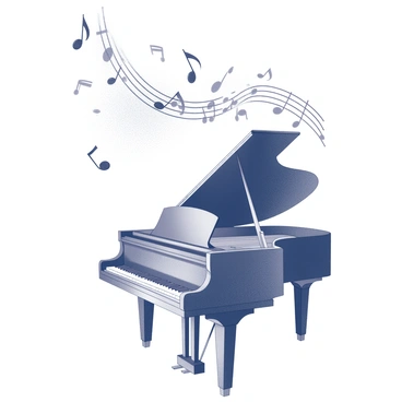 An elegant concert invitation prominently features a grand piano at the bottom of the design. The piano has a glossy finish and is facing forward, showcasing its open lid and intricate keys. Above the piano, "flowing music notes" elegantly drift across the invitation, creating a sense of movement and rhythm. The notes vary in size and shape, some swirling and others cascading downwards. The background of the invitation is adorned with subtle musical elements that enhance the musical theme while keeping the focus on the piano and the notes.