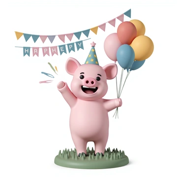 A cheerful pink pig, standing on its hind legs, is holding a bunch of colorful balloons in its front trotters. The balloons are in various bright colors, including red, blue, yellow, and green. The pig has a wide smile on its face, with its ears perked up in excitement. It is wearing a small party hat decorated with stars. In the background, there are decorations like streamers and a big "Happy Birthday" banner. The scene is set in a grassy area that adds to the festive atmosphere.