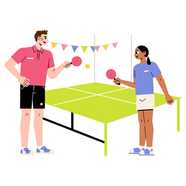 A friendly male instructor with short brown hair is demonstrating the proper serving technique in table tennis to a beginner. The instructor is wearing a red polo shirt and black shorts, smiling as he explains the grip on the paddle. The beginner, a young girl with pigtails, stands across the table looking focused and attentive. She is wearing a blue t-shirt and white shorts, holding a paddle in her right hand. A green table tennis table is set up in a well-lit gym with colorful banners hanging from the walls. The scene captures the instructor's supportive demeanor and the beginner's eagerness to learn.