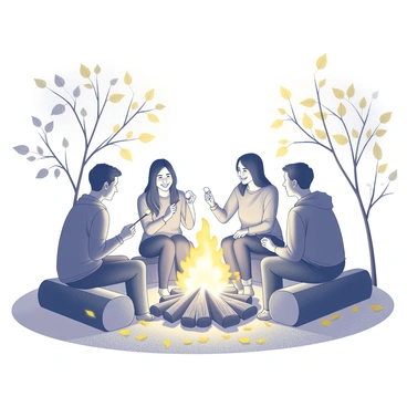 A group of five people gathered around a bonfire. They are sitting on logs arranged in a semicircle, with warm flames flickering in front of them. One person is roasting marshmallows on a stick over the fire, while another is laughing and sharing a story. The remaining individuals are listening attentively, creating a sense of camaraderie. Various trees in the background are shedding leaves, creating a carpet of fallen leaves in shades of yellow and brown on the ground. The atmosphere conveys a cozy and warm gathering in the chill of autumn.