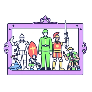 A collage featuring toy soldiers from various time periods and styles is displayed within a rectangular frame. In the center, there is a classic World War II soldier in green uniform, standing at attention. To the left, a medieval knight in silver armor brandishes a sword, while a Roman centurion in red and gold attire stands next to him, holding a shield. On the right, a modern-day soldier in camouflage gear is crouched down, aiming a rifle. Scattered around these figures are smaller toys, including a Napoleonic-era soldier in blue and a cowboy in a hat with a lasso. The frame has an ornate design, enhancing the overall presentation of the diverse toy soldiers.