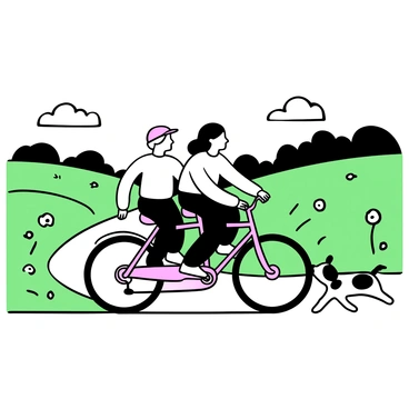 Two friends pedaling on a tandem bike with a prominent pink color, moving along a winding countryside road. Lush green fields stretch on either side of the road, dotted with wildflowers. A distant line of trees provides a backdrop, while fluffy clouds float in the sky above. The friends are casually dressed, wearing helmets, and enjoying the ride together. A small dog runs alongside them on the grass, adding a playful element to the scene.