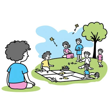 A young child with curly hair, wearing a blue t-shirt and red shorts, is sitting on green grass in a park. The child is observing several families around them. One family is laying out a checkered picnic blanket and unpacking a basket filled with food. Another group is playing frisbee nearby, while a couple of children are flying colorful kites against a clear blue sky. Trees with lush green leaves are visible in the background, completing the serene park scene.