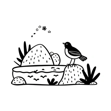 A bird perched on a textured rock, with its feathers slightly ruffled by a gentle breeze. The bird is facing towards a nearby rock pool, where small ripples can be seen on the water's surface. Surrounding the rock pool are various smaller stones, and a few marine plants are visible within the pool. The scene captures the serene atmosphere of nature, as the bird remains still, observing the subtle movements of tiny creatures in the water.