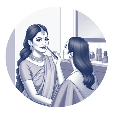 A modern Indian bride sits in a well-lit room, adorned with intricate traditional jewelry. She has long, dark hair styled elegantly, and her face is partially turned towards a makeup artist who is applying cosmetics. The artist is focused on her striking eyes, enhancing them with bold eye makeup that accentuates their shape. The bride's lips are highlighted with a vibrant shade, drawing attention to her smile. Various makeup products are arranged on a nearby vanity, creating a lively atmosphere as the preparation for her special day continues.