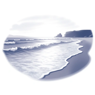 Gentle ocean waves lapping against a sandy shore. The waves are softly breaking, creating small white foamy crests. The scene is captured during sunset, with the sun near the horizon. The sky displays various shades as it transitions from light to dark. The water surface reflects the fading light, creating a shimmering effect on the ocean. Silhouettes of distant cliffs or rocks can be seen along the shoreline.