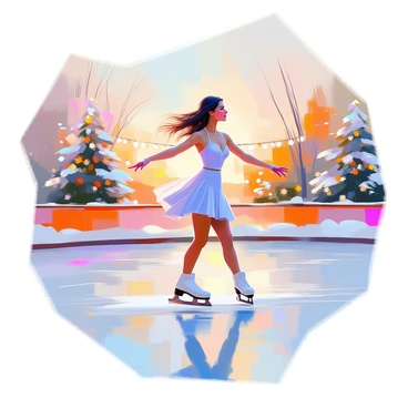 A woman with long dark hair styled neatly is gracefully ice skating on a wintery outdoor rink. She is wearing a fitted, elegant ice skating outfit in shades of blue and white, which flows as she glides across the ice. The rink is surrounded by snow-covered trees and twinkling lights that create a festive atmosphere. Her expression shows concentration and joy as she performs a gentle spin, with her arms extended elegantly. The sky above is a soft pastel gradient, hinting at sunset, casting a warm glow over the scene.