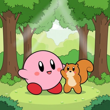 A round pink character named "Kirby" with large, expressive eyes and small arms, is positioned in the center of a vibrant, lush green forest. Surrounding him are tall trees with thick trunks and abundant green leaves. A small, friendly squirrel with fluffy fur and bright, curious eyes is standing on its hind legs next to Kirby. The squirrel has a bushy tail that curls playfully. Sunlight filters through the tree canopy, creating dappled light on the forest floor, which is covered in soft grass and scattered wildflowers. Both Kirby and the squirrel appear to be smiling, capturing a moment of camaraderie in this lively forest setting.