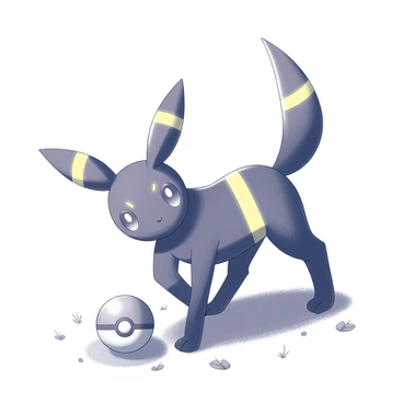 An Umbreon positioned on four legs, with its ears perked up in curiosity. Its sleek, black fur glistens as it leans forward, its bright yellow rings accentuating its features. In front of the Umbreon, there is a Pokéball lying on the ground, resting on a patch of grass. The Pokéball is round and distinct, with the red top and white bottom clearly visible. Surrounding the scene, there are small tufts of grass and a few scattered leaves, enhancing the natural environment.
