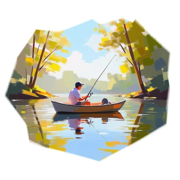 A person with medium brown skin is sitting quietly in a small wooden boat on a calm lake. They are holding a fishing rod and looking intently at the water's surface, waiting for a bite. The boat is gently bobbing in the water, which reflects the greenery around it. Tall trees with lush green leaves surround the lake, creating a natural frame. The sky is clear with a few wispy clouds, and the sunlight casts soft shadows on the water, enhancing the tranquil atmosphere.