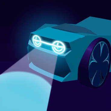 A sleek, futuristic car with smooth contours and an aerodynamic design is positioned at a slight angle. The headlight is prominently featured, crafted with intricate lens designs that refract light in multiple directions. A bright beam of light emanates from the headlight, cutting through a dark, shadowy environment. The beam illuminates the surroundings, revealing faint details of the ground and highlighting the reflections on the car's polished surface. The light beam has a subtle gradient, transitioning from a bright white at the source to a softer glow as it reaches further into the darkness.