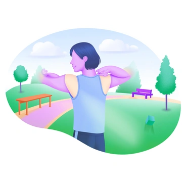 A person demonstrating scapular retraction exercises in a sunny park. The individual has medium-length hair and is wearing a light blue athletic shirt and black shorts. They are standing with their arms pulled back, emphasizing their shoulder blades. Surrounding them are green grass and a few scattered trees, with sunlight filtering through the leaves. In the background, a walking path and a couple of park benches can be seen, creating a vibrant outdoor atmosphere. The sky is clear with a few fluffy clouds.