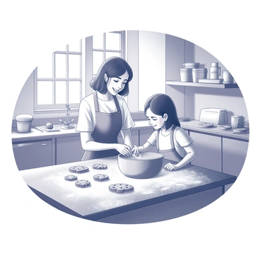 A kitchen filled with sunlight streaming through the windows. A mother and daughter are working together at a wooden table covered with flour. The mother, wearing an apron, is helping the daughter mix the ingredients in a large bowl. There are cookie dough shapes scattered on the table and flour dust in the air. Both have smiles on their faces, enjoying the moment together in the kitchen. The countertop is adorned with various baking tools and cookie sheets prepared for the next batch.