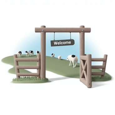 An open farm gate made of rustic wooden planks, with a weathered metal handle. Hanging from the gate is a sign that reads "Welcome" in bold, white letters against a dark background. In the background, there are several grazing animals, including a group of cows with black and white spots, a few sheep with fluffy white wool, and a couple of goats standing on a nearby hillside. The scene is set on a sunny day with clear blue skies and green grass covering the landscape.