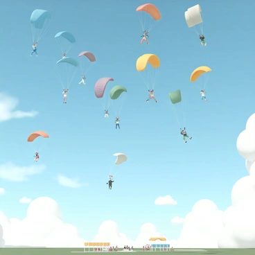 A group of competitors is descending through the sky, each adorned with colorful parachutes in shades of red, blue, yellow, and green. The competitors wear distinct jumpsuits, showcasing unique designs and colors that represent their teams. They are positioned at different heights, some closer to the ground while others are still high in the sky, creating a dynamic scene. The sky is a bright blue, dotted with fluffy white clouds, providing a vibrant backdrop to the competition. Below, the ground is visible, showing a landing zone marked with bright banners and people cheering.