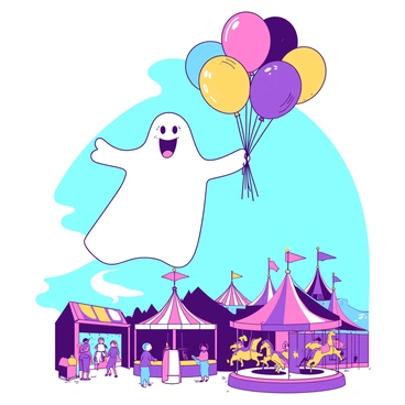 A white ghost with a cheerful expression is holding a cluster of colorful balloons in its translucent hands. The ghost is floating above a carnival filled with vibrant attractions. Below, there are colorful game booths and a carousel with horses, all under a bright blue sky. The balloons are in various shades, adding to the festive atmosphere of the scene. People can be seen enjoying the carnival activities, enhancing the lively ambiance of the image.