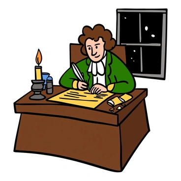Thomas Jefferson, a light-skinned man with curly brown hair and dressed in an 18th-century attire, is sitting at a sturdy wooden desk. He is focused intently on writing the "Declaration of Independence" with a quill in hand. The desk is cluttered with parchment and ink pots. Soft candlelight illuminates his face, casting gentle shadows around the room. A window in the background reveals a dark sky outside, suggesting it is night. The warm glow of the candle flickers, creating an atmosphere of inspiration and dedication.