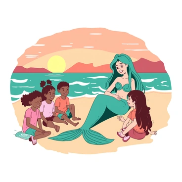 A friendly mermaid with long flowing hair in shades of teal is sitting on a sandy beach at sunset. She is surrounded by several children, who are sitting on the warm sand, listening intently to her stories. The children are of various ethnicities, all engaged and smiling, with some leaning closer to hear better. The sunset casts a warm orange glow across the sky, creating a picturesque backdrop with soft waves lapping at the shore. The mermaid’s tail sparkles in the fading sunlight, adding to the enchanting scene.