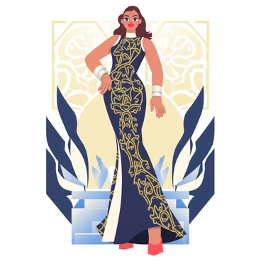 A glamorous model with long, wavy hair is posing confidently in the center of the image. She is wearing a stunning, form-fitting gown adorned with intricate art deco patterns in gold and black. The gown has a high neckline and flowing sleeves, emphasizing her elegant silhouette. Surrounding the model are geometric shapes and repeating motifs characteristic of art deco design, featuring sharp angles and bold lines. The background is a soft gradient that subtly transitions from a light beige at the top to a deep navy at the bottom, enhancing the luxurious feel of the scene. The model's makeup is bold, with red lips and dramatic eyeliner, adding to her sophisticated look. The overall composition exudes a sense of glamour and high fashion.