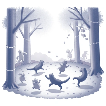 A lively festival taking place in a forest clearing, with creatures dancing and colorful decorations hanging from trees.