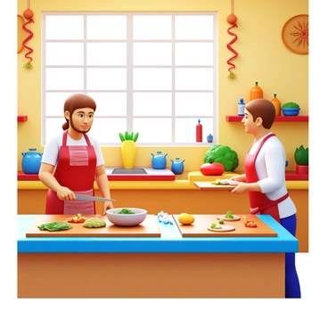 A 3D illustration of a traveler standing in a bright kitchen, engaging in a cooking class with a local chef. The kitchen is filled with colorful spices and fresh vegetables. The chef is wearing a traditional apron and is demonstrating how to prepare a dish. The traveler is attentively watching, holding a knife and a cutting board. Sunlight is streaming in through large windows, illuminating the vibrant ingredients. Various cooking utensils are placed on the countertops, and there are traditional decorations on the walls, hinting at the exotic location.