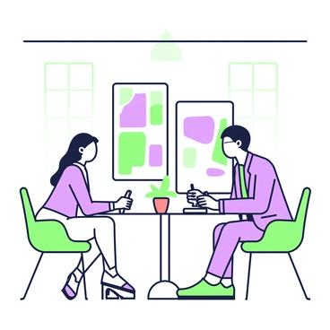 A modern office in Singapore features a sleek, minimalist design with large windows and contemporary furniture. In the center, a round glass table is surrounded by four ergonomic chairs. An artist with long hair, wearing a casual yet professional outfit, sits across from a creative director in a tailored suit. The creative director has glasses and is holding a pen, jotting down notes on a notepad. Behind them, a large wall displays vibrant artwork, including colorful abstract paintings. The atmosphere is focused, with a small potted plant on the table adding a touch of greenery to the setting.