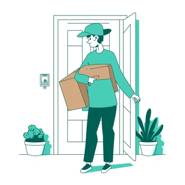 A teal delivery person stands in front of a white house, holding a large brown package in their left arm. The delivery person is pressing a button on a white doorbell located beside the door. The door itself is a tall white wooden structure with a shiny brass doorknob. There are small potted plants on either side of the door, adding a touch of greenery to the scene. The delivery person's uniform features a bright teal shirt and dark blue pants.