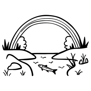 A rainbow arching over a stream. The stream is flowing gently, with brook trout swimming beneath the surface. The water reflects the shape of the rainbow. Rocks are visible along the edges of the stream, and there are patches of grass and trees in the background. The scene captures the tranquility of nature.