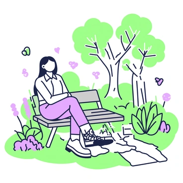 A person is sitting quietly on a wooden bench in a garden. The individual has long hair and a calm expression, wearing a casual outfit that includes a light shirt and comfortable trousers. Surrounding the bench, various types of green plants and flowers are visible, with a few butterflies fluttering around. In the background, there are trees with thick trunks and leafy canopies providing shade. Sunlight filters through the leaves, creating dappled patterns on the ground. A small stone path leads away from the bench, inviting exploration further into the garden.