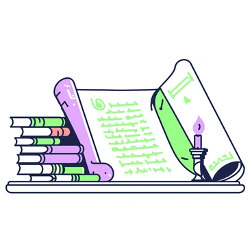 An ancient scroll unfurled on a wooden table, surrounded by old books and a flickering candle