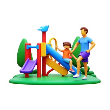 A parent performing high knees exercise with one knee raised high while their child plays on colorful playground equipment. The playground features a slide, swings, and climbing structures. The child is laughing and climbing on the equipment, wearing a bright t-shirt and shorts. The parent is dressed in athletic wear, focusing on their exercise while looking in the child's direction. Surrounding the playground is green grass and a few trees in the background.