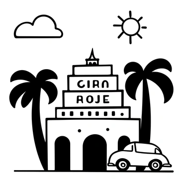 A travel poster with the words "Visit Our Glamorous Destination" displayed prominently at the top. The poster features a stylized depiction of a grand hotel with art deco architectural elements. Leafy palm trees frame the hotel, and a vintage car is parked in front of it. A sun is shining above, surrounded by clouds, casting shadows on the ground. The composition creates an inviting atmosphere, emphasizing the allure of the destination.