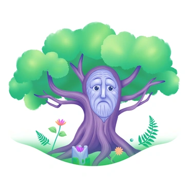 A wise old tree with a textured, bark-like face showing deep contemplation. The tree has large, sprawling branches that sway gently in a light breeze, with lush green leaves that rustle softly. The expression on the tree's face conveys wisdom and thoughtfulness, and soft sunlight filters through the leaves, casting dappled shadows on the ground beneath. Surrounding the tree are small, colorful flowers and ferns, adding a touch of vibrancy to the serene scene.