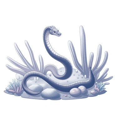 A sea serpent is gracefully weaving through a coral reef. The serpent has elongated, sinuous body with intricate scales, and it moves fluidly among the diverse coral structures. The coral reef features a variety of coral shapes and sizes, some resembling fans and others like brain corals. The underwater scene has marine plants swaying gently in the water currents, creating a sense of movement and life. Small fish can be seen darting around the corals, adding activity to the environment. The entire setting combines these elements into a dynamic underwater composition.