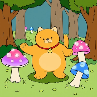 A chubby lucky cat with a shiny golden coat and a raised paw, wearing a small red collar with a bell. It stands on a patch of soft, green moss. Surrounding the cat are several magical mushrooms, each with brightly glowing caps in various colors including blue, purple, and pink. These mushrooms have whimsical shapes, some being tall and slender while others are short and wide, and they emit a soft light that brightens the nearby area. The enchanted forest features tall, whimsical trees with exaggeratedly thick trunks and colorful foliage, creating a vibrant and playful atmosphere. The ground is covered in a carpet of vibrant green grass and scattered leaves, enhancing the magical feel of the scene.