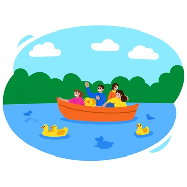 A group of colorful open peeps are sitting in a small boat on a calm lake. The boat is gently floating on the water's surface, surrounded by lush greenery. Nearby, several ducks are swimming gracefully, creating small ripples in the water. The sky above is clear and blue, with a few fluffy white clouds scattered throughout. The peeps are smiling and laughing, enjoying their leisurely ride on the serene lake.