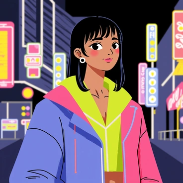 A portrait of a person wearing vibrant neon clothing. The clothing features bold colors such as electric blue, hot pink, and neon green, creating a striking contrast against the night. The person is standing against a backdrop of bright city lights, with various colorful neon signs illuminating their face. The light reflects off their clothing, enhancing the vividness of the colors. The scene captures the energy of a bustling urban environment at night.