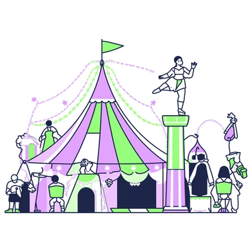 A fantasy circus is set up in an expansive area, with a large, colorful tent adorned with stars. Inside the tent, acrobats are performing extraordinary feats. One acrobat is mid-air, executing a graceful flip while wearing an elaborate costume. Below, another acrobat is positioned on a tall pedestal, ready to catch her. The ground is covered with colorful mats, and twinkling lights are strung around the edges of the tent. Spectators are visible in the foreground, gazing in awe at the performance. In the background, additional circus attractions can be seen, including a tightrope walker and a ringmaster holding a whip.