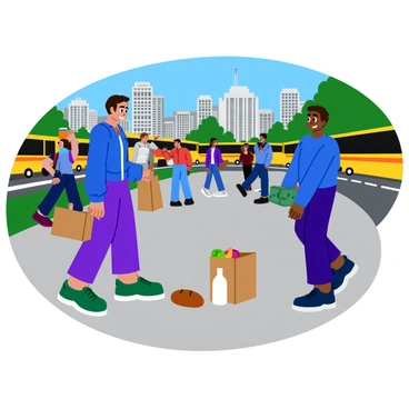 A person wearing a blue jacket is bending down to help another individual pick up their dropped groceries on a bustling sidewalk. The groceries include a brown paper bag with fruits peeking out, a carton of milk, and a loaf of bread. People are walking by, some glancing in their direction, while a cityscape with tall buildings and trees lines the background. The ground is made of gray concrete, and a colorful bus is seen in the distance. Bright sunlight casts clear shadows on the sidewalk.