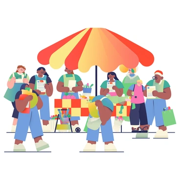 A vibrant survey station is positioned at a bustling farmers' market. The station features a large, colorful canopy in shades of red and yellow, providing shade for the survey takers. A table is covered with a bright checkered tablecloth, displaying clipboards, colorful pens, and brochures. Surrounding the station are various stalls filled with fresh produce, flowers, and handmade crafts. People of diverse backgrounds are interacting with the survey station, some filling out forms, while others are engaged in conversation with the surveyors. The atmosphere is lively, with customers carrying bags filled with fruits and vegetables as they navigate the market.