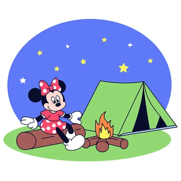 Minnie Mouse is sitting on a log beside a campfire. The campfire is crackling with bright orange flames, casting a warm glow. Minnie is wearing her classic red polka dot dress and large bow. Above her, the sky is filled with twinkling stars, creating a beautiful backdrop. Nearby, there is a green tent pitched on the grass, its flap slightly open. The scene captures a cozy camping atmosphere.
