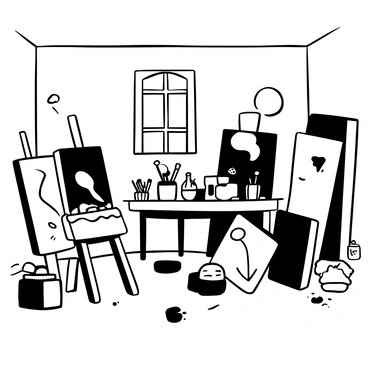 A spacious artist's studio cluttered with various canvases leaning against the walls. There are several jars filled with different brushes standing on a wooden table, alongside tubes of paint scattered around. A partially finished painting rests on an easel, depicting an abstract design. Paint splatters cover the floor and a small window allows light to stream in, illuminating the creative chaos of the space.