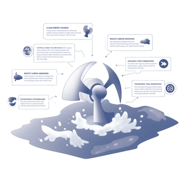 An infographic-style illustration depicting multiple aspects of tidal energy's positive environmental impact. The central feature is a large tidal turbine situated in the ocean, surrounded by flowing water currents. Icons representing marine wildlife, such as fish and seabirds, are visible near the turbine, emphasizing the coexistence of technology and nature. 

Text boxes highlight points such as "Clean Energy Source," "Reduces Carbon Emissions," and "Sustainable Power Generation," with arrows connecting these boxes to relevant visuals, like a globe and renewable energy symbols. 

The background includes stylized waves and shoreline elements to suggest a coastal environment. Overall, the composition is clear and organized, making the information easy to understand.